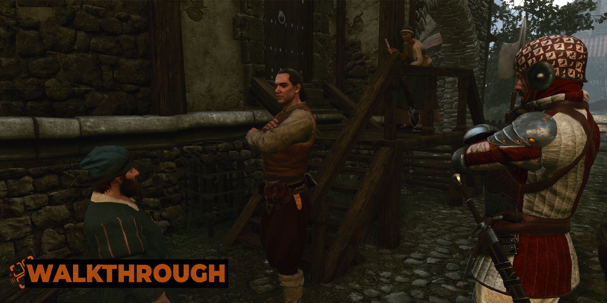 A pair of merchants, one human and one dwarf, glare at each other outside a Novigrad Warehouse in The Witcher 3.