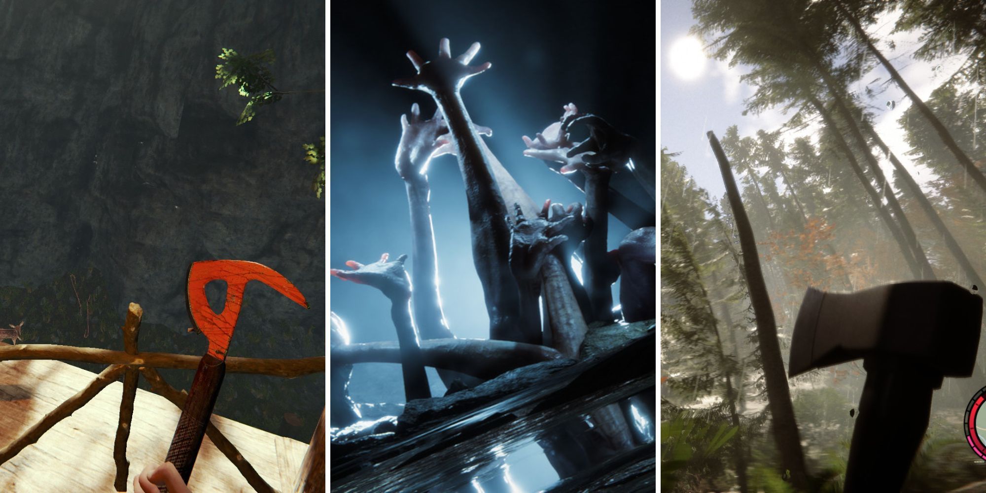 the ax in the forest; mutated hands from Sons Of The Forest official art; the starter ax in Sons Of The Forest