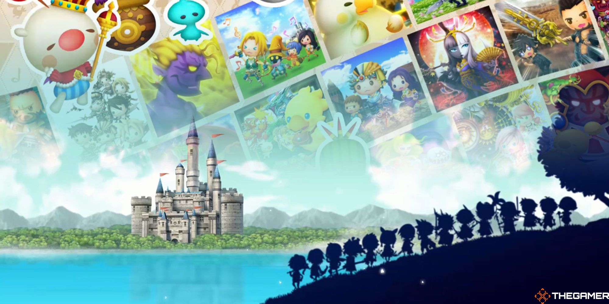 Final Fantasy's heroes overlook a skyline filled with album covers from Theatrhythm: Final Bar Line.