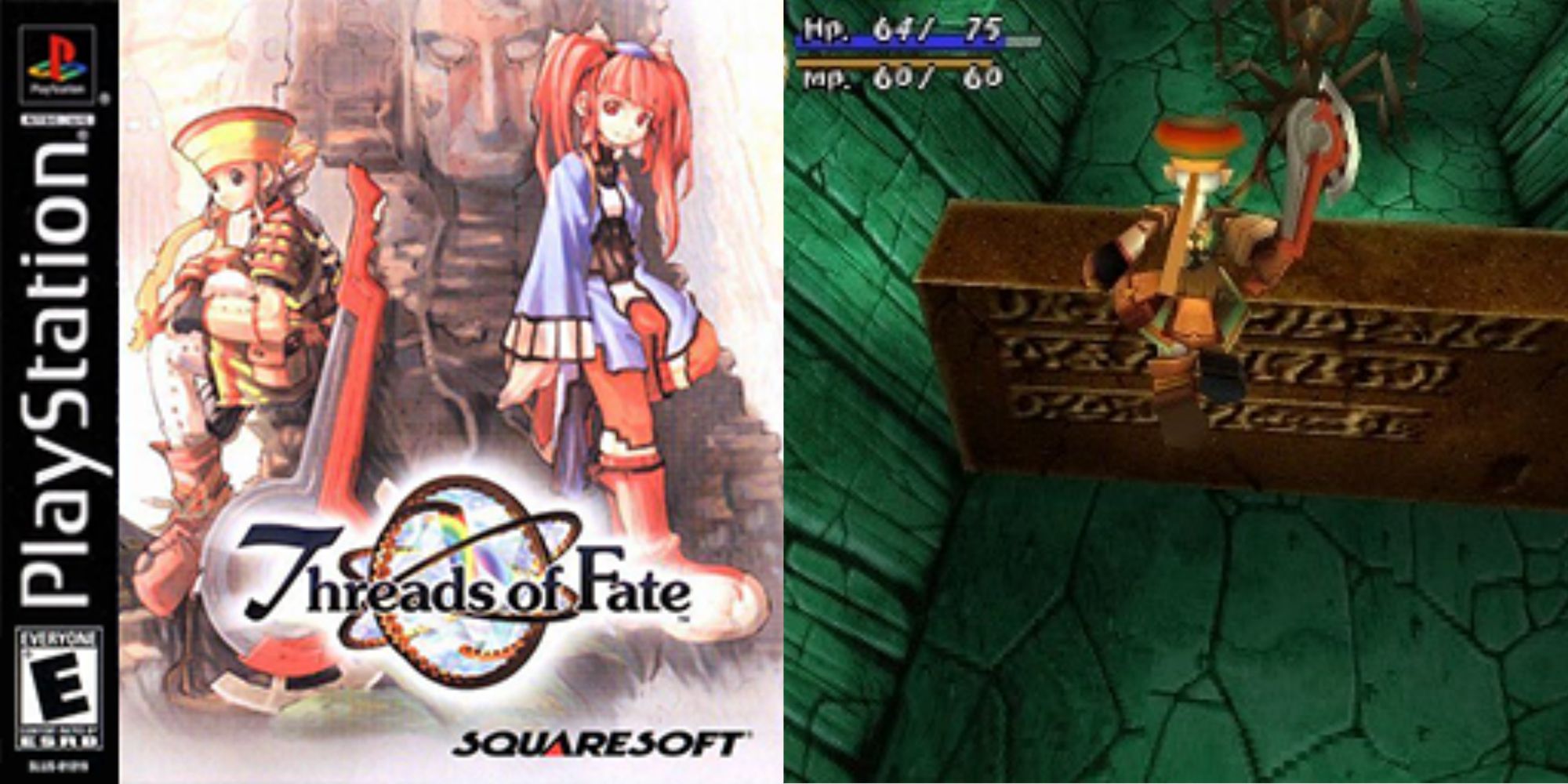 Split image screenshots of the Threads of Fate boxart and the main character jumping.
