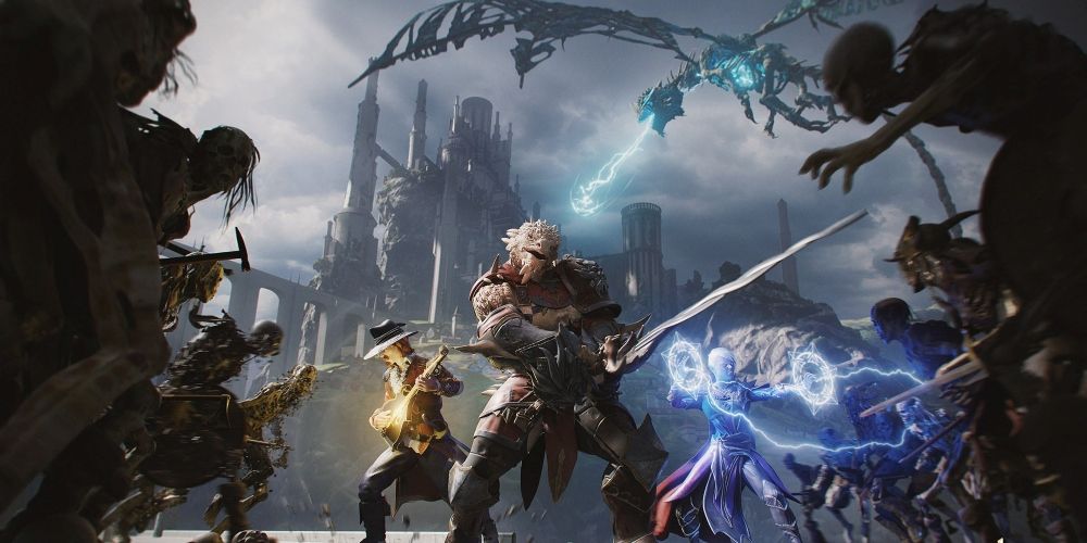 Three characters from Neverwinter using a sword, instrument, and magic to battle undead