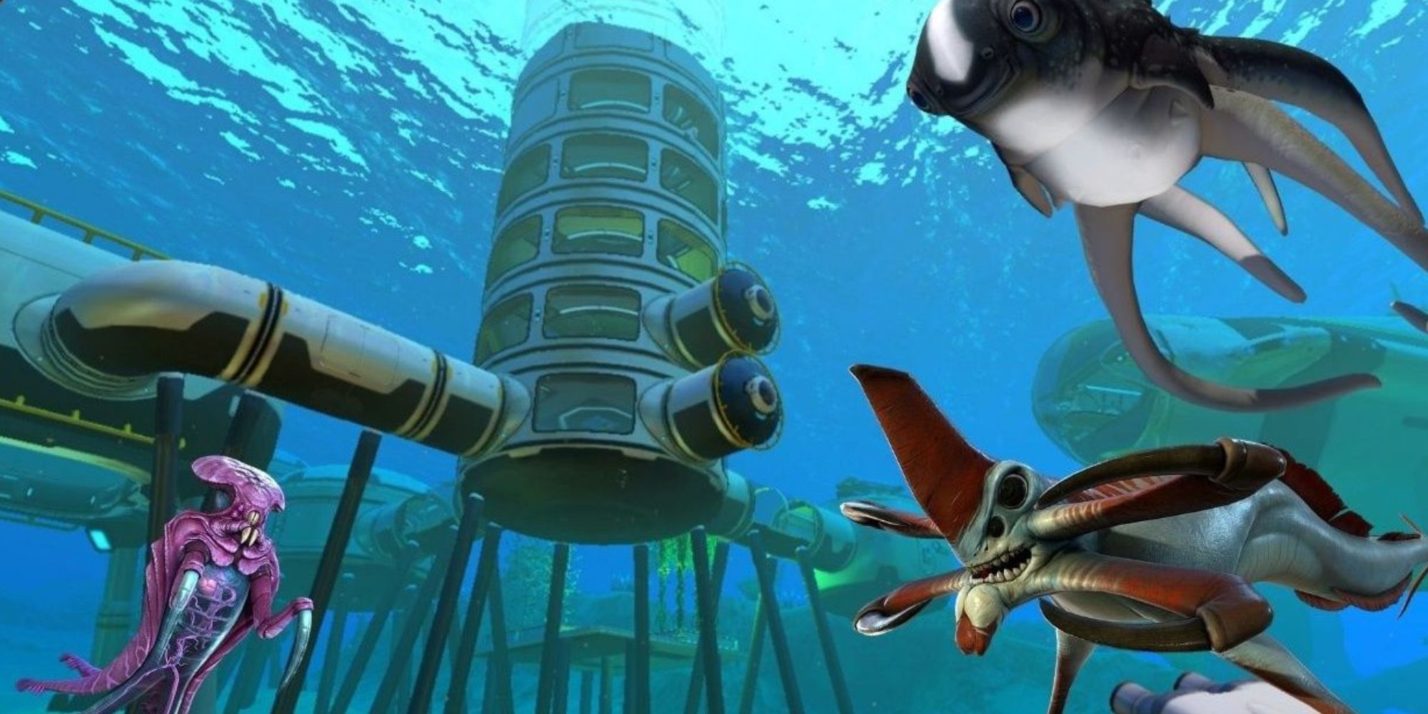 Three sea creatures swimming around an underwater facility in Subnautica