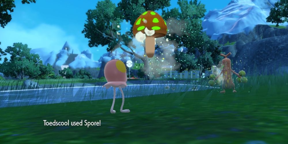 Toedscool using Spore on another Pokemon, with a brown and green mushroom in the air scattering spores in Pokemon