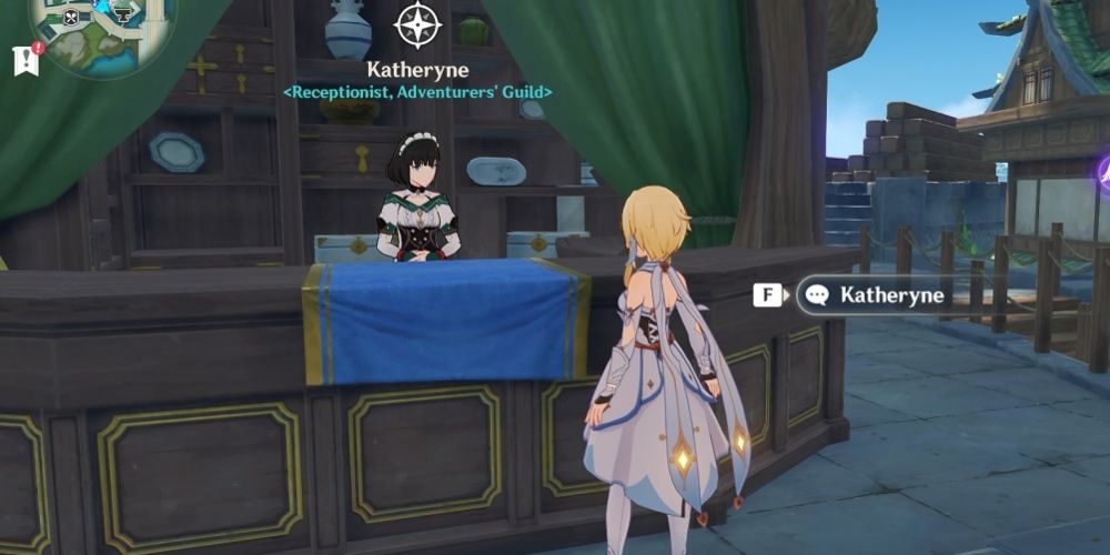 Traveler and Katheryne looking at each other while Katheryne is behind the Liyue reception desk in Genshin Impact
