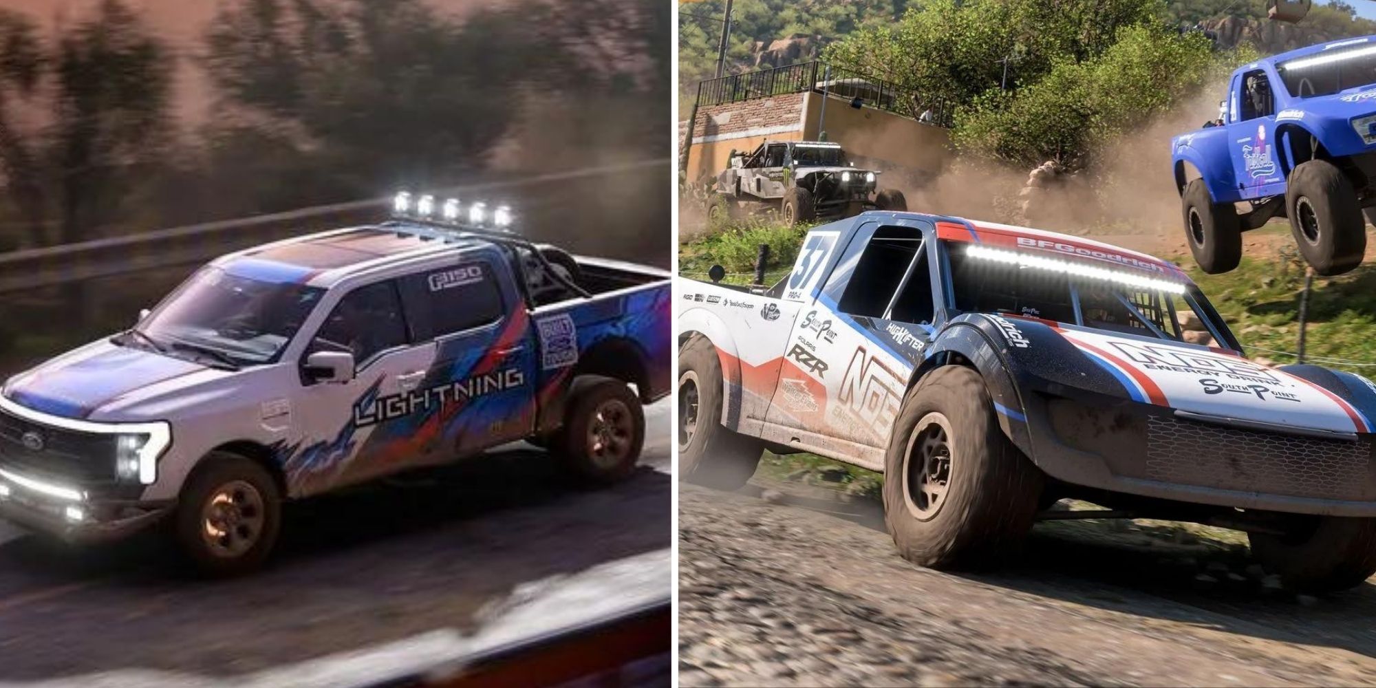 two cars driving in opposite directions in forza horizon 5 rally adventure