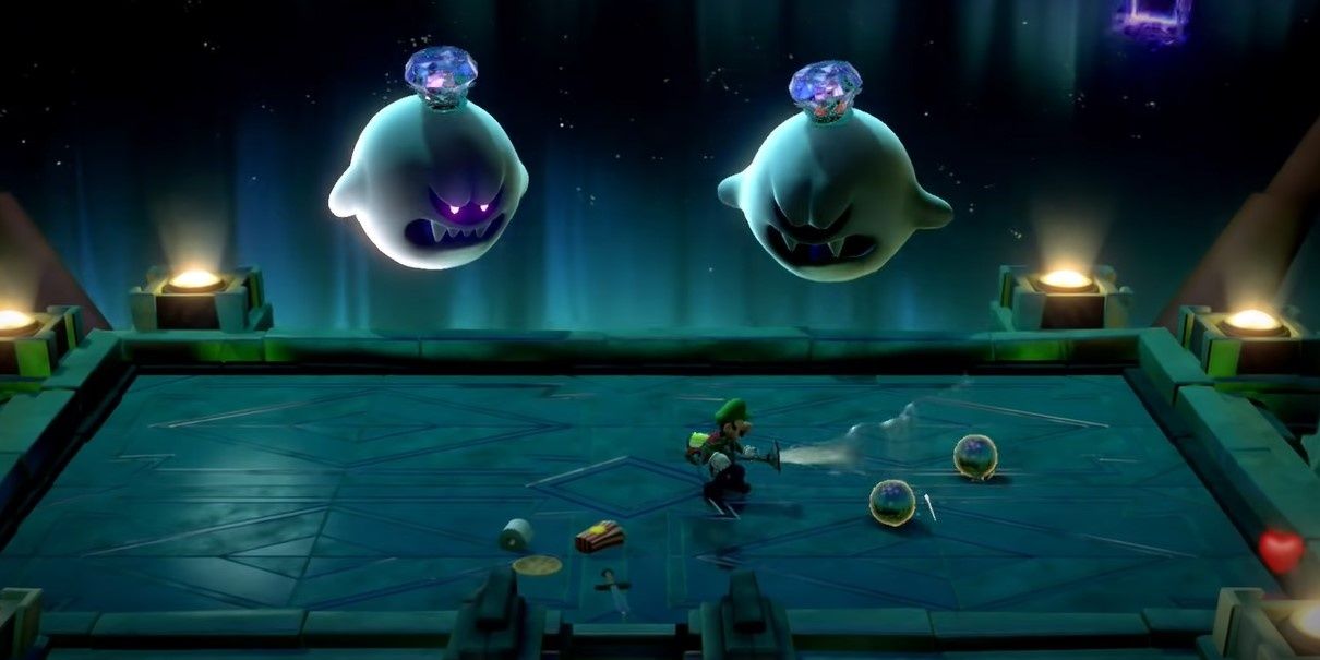 Two King Boos watch Luigi grab a bomb