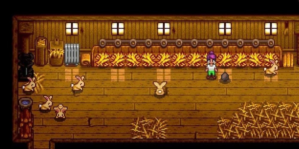 Rabbits hoping around a coop in Stardew Valley the video game