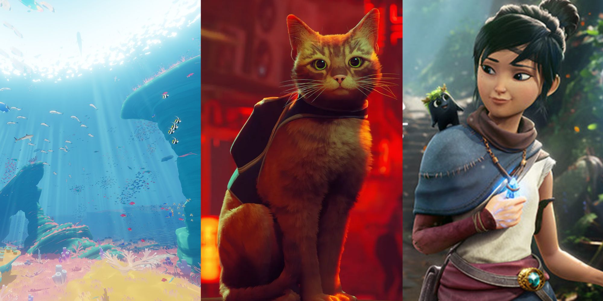 Unreal Indie games collage - Abzu on left, Stray in center, Kena Bridge of Spirits on right