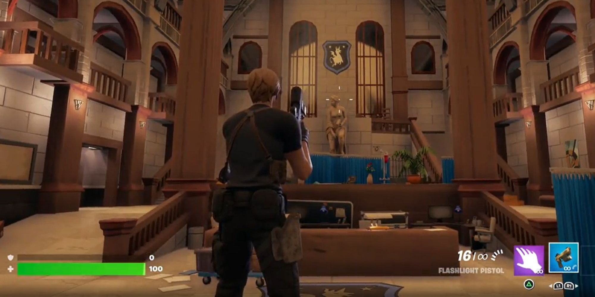 The police station reception from Resident Evil 2 recreated in Fortnite.