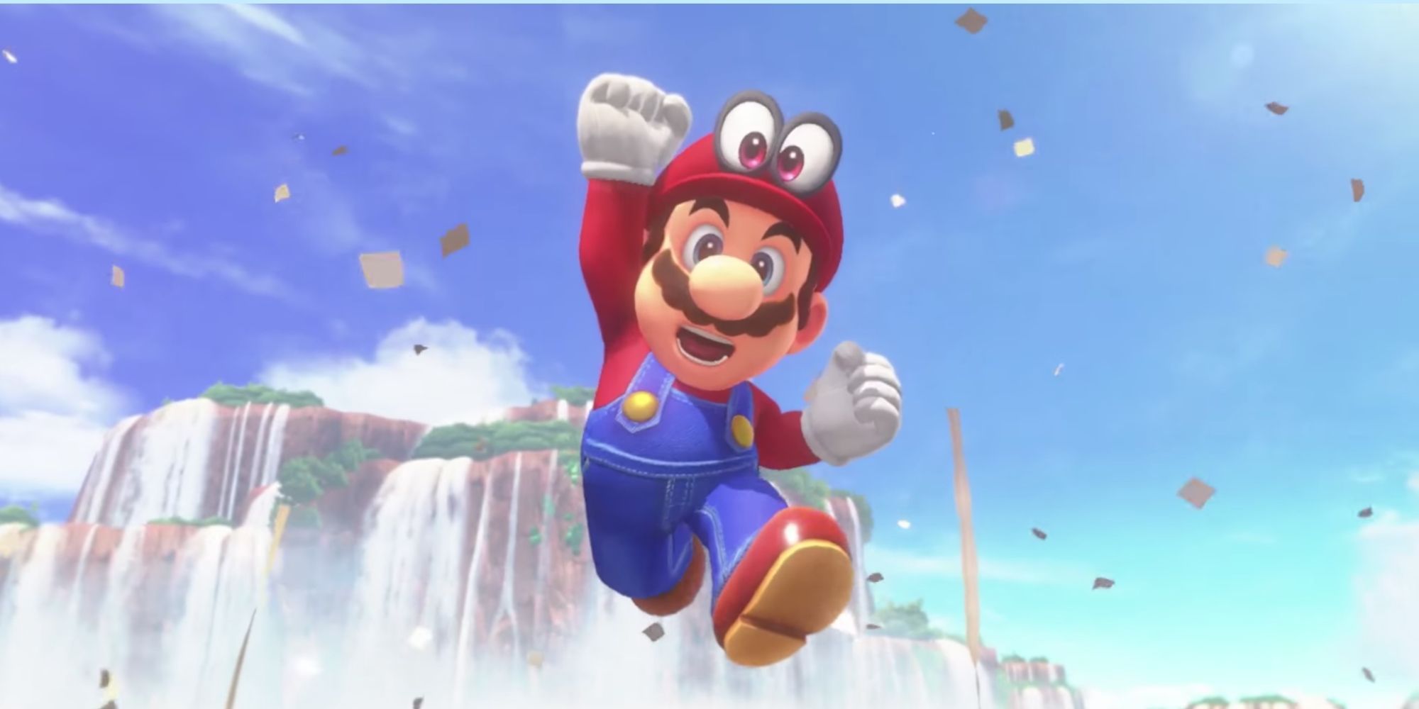 Super Mario Odyssey with Mario punching the air and a hill and sky in the background