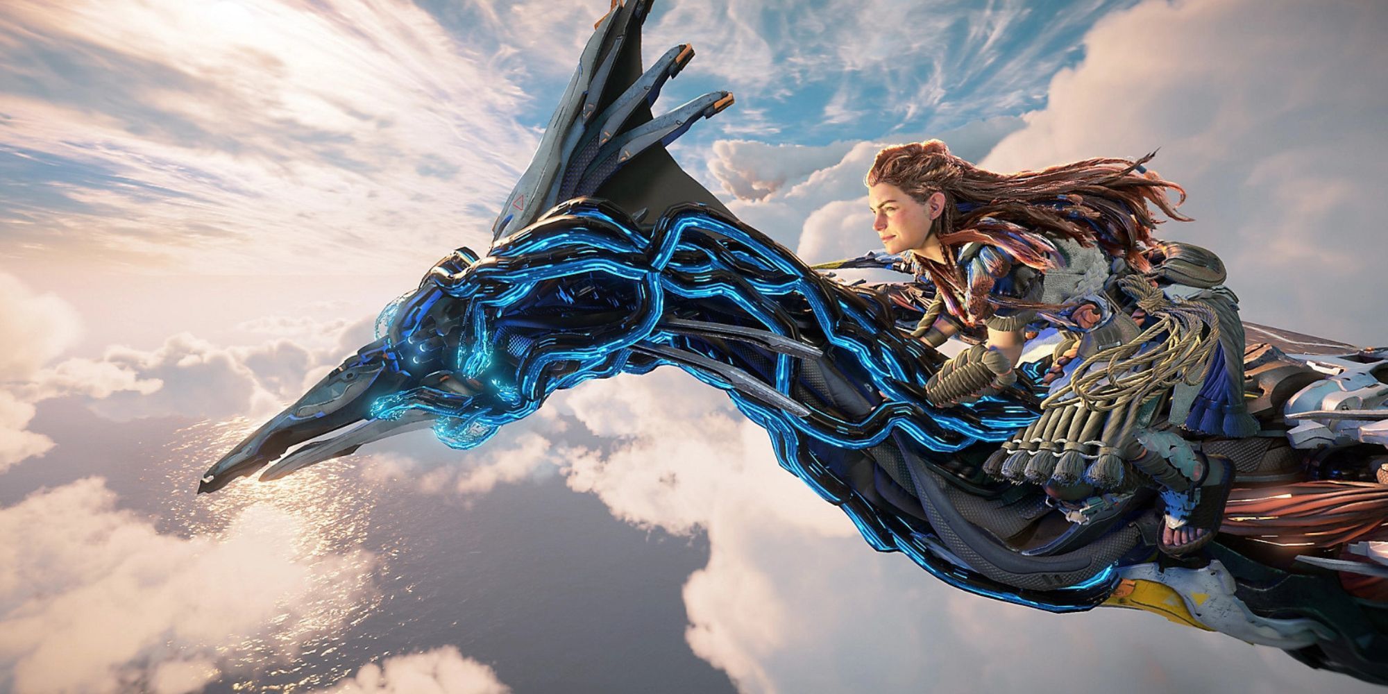 Aloy riding a flying mount in the Horizon Forbidden West trailer for Burning Shores 