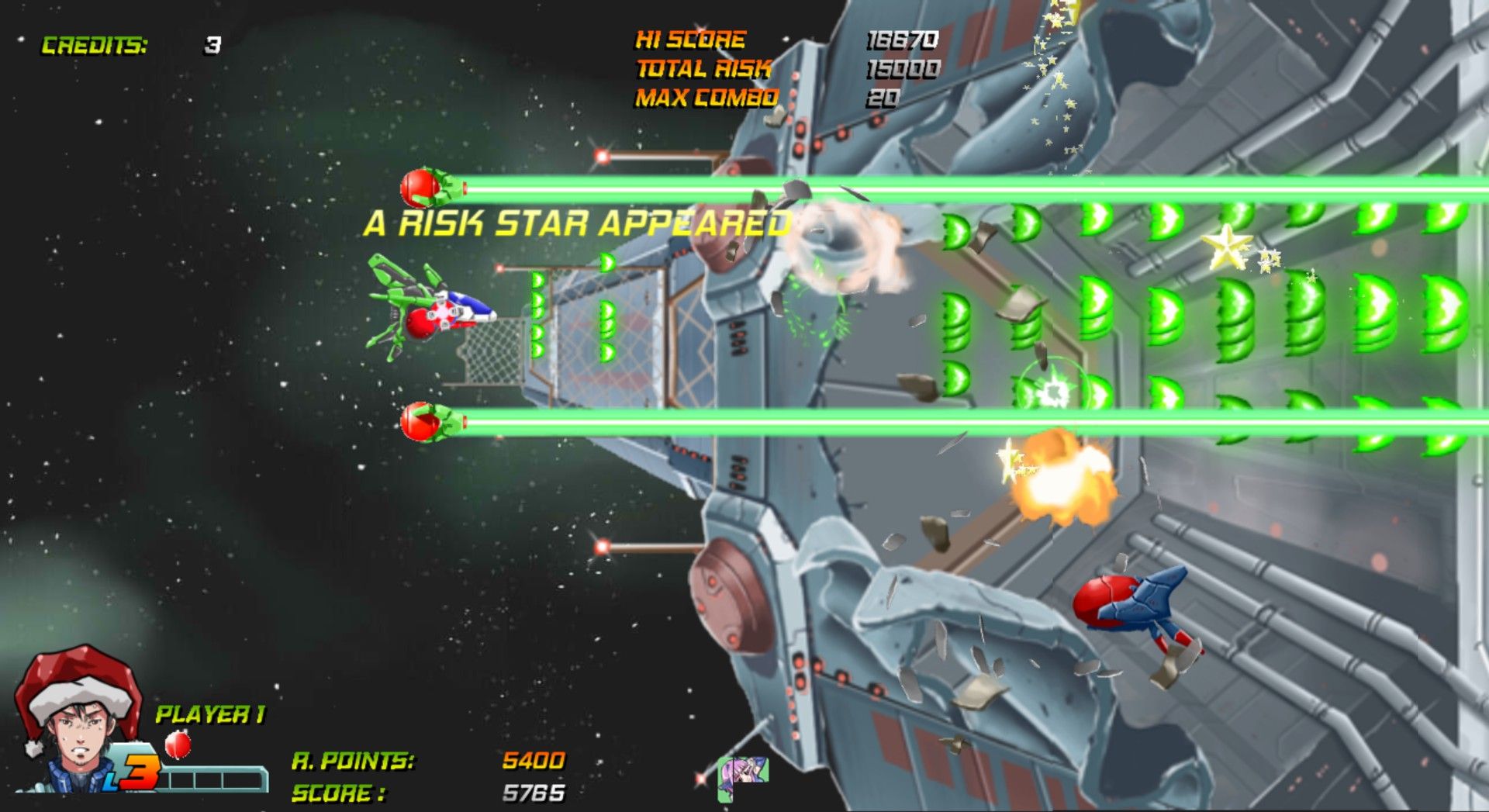 Игрок стреляет различными лазерами и атакует врагов в Wings Of Bluestar.