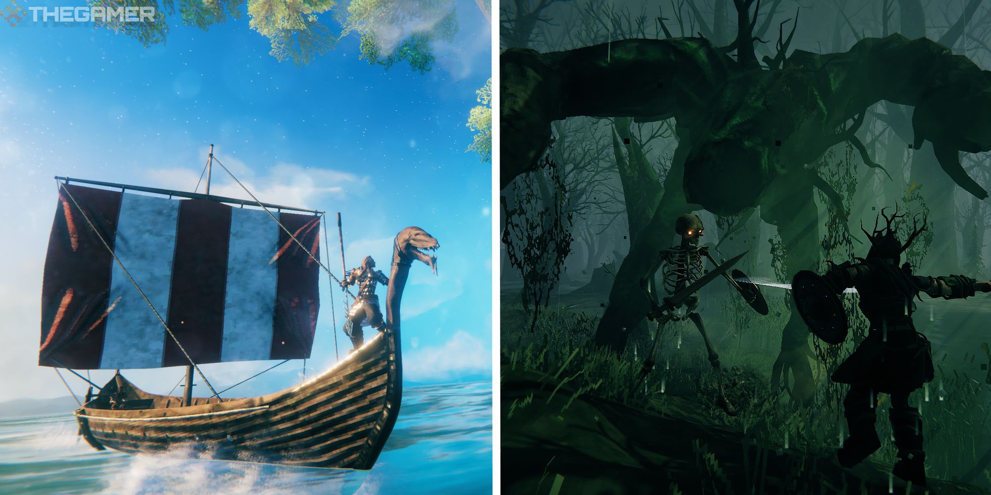 split image showing player sailing next to image of player fighting in the swamp biome