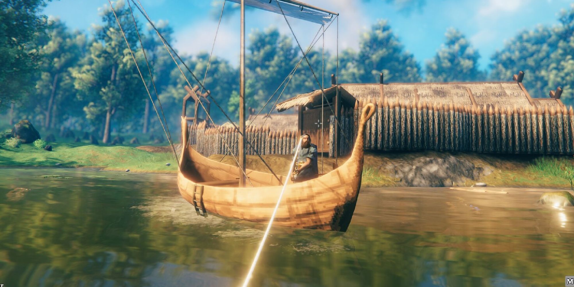 valheim player fishing from a boat