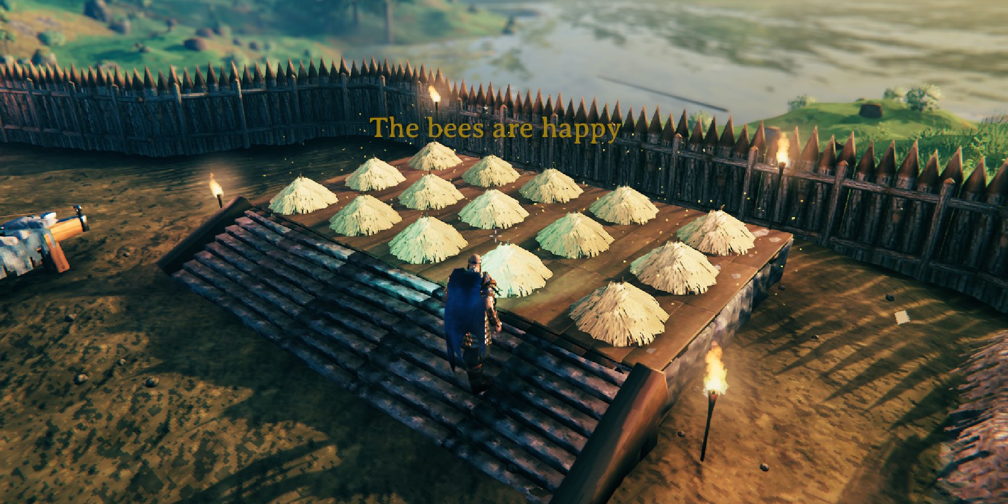 valheim the bees are happy message as player standings near the hives