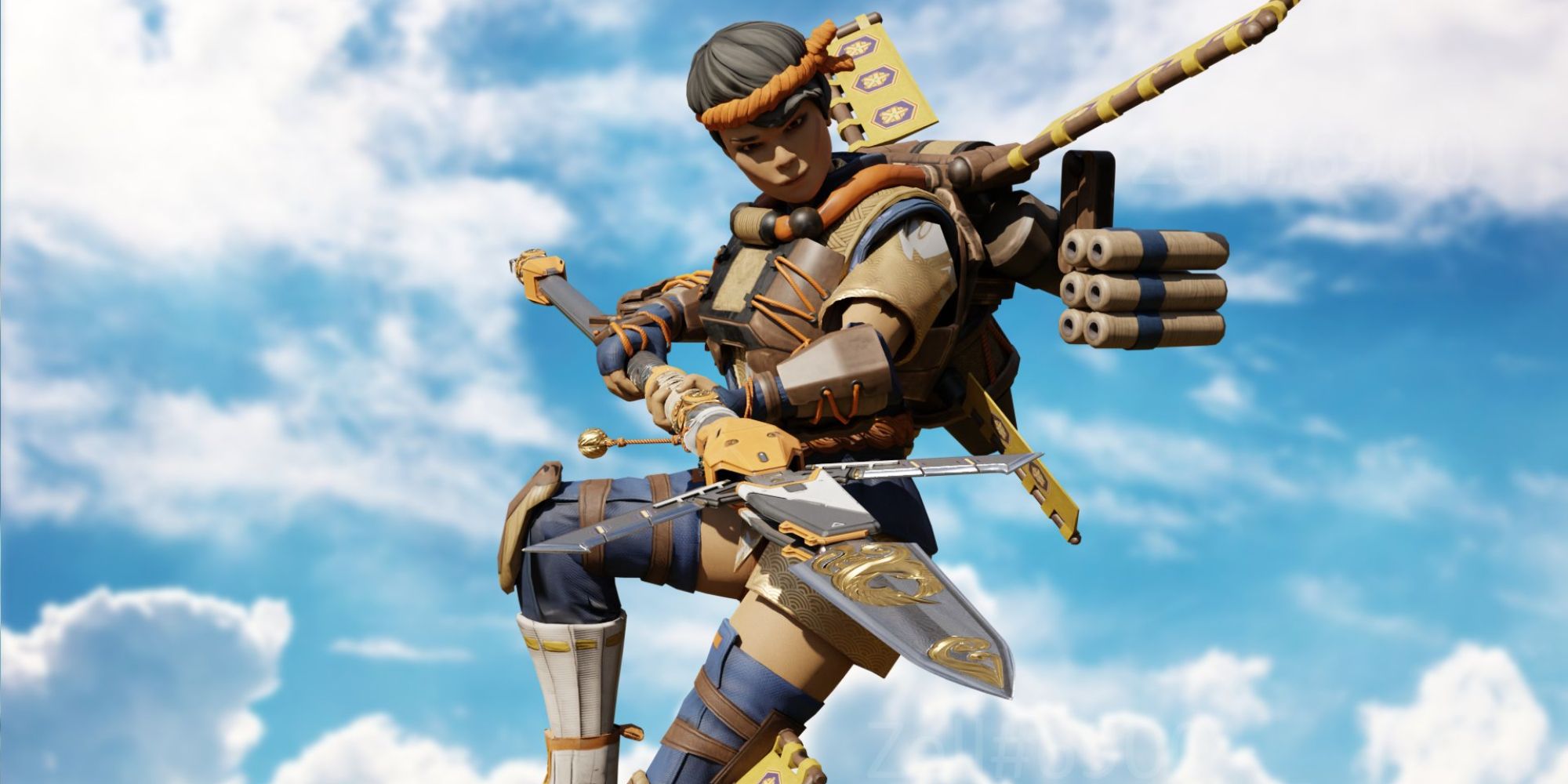 An image of Valkyrie's Heirloom from Apex Legends, a silver and golden spear with clouds etched onto the tip of the blade. 