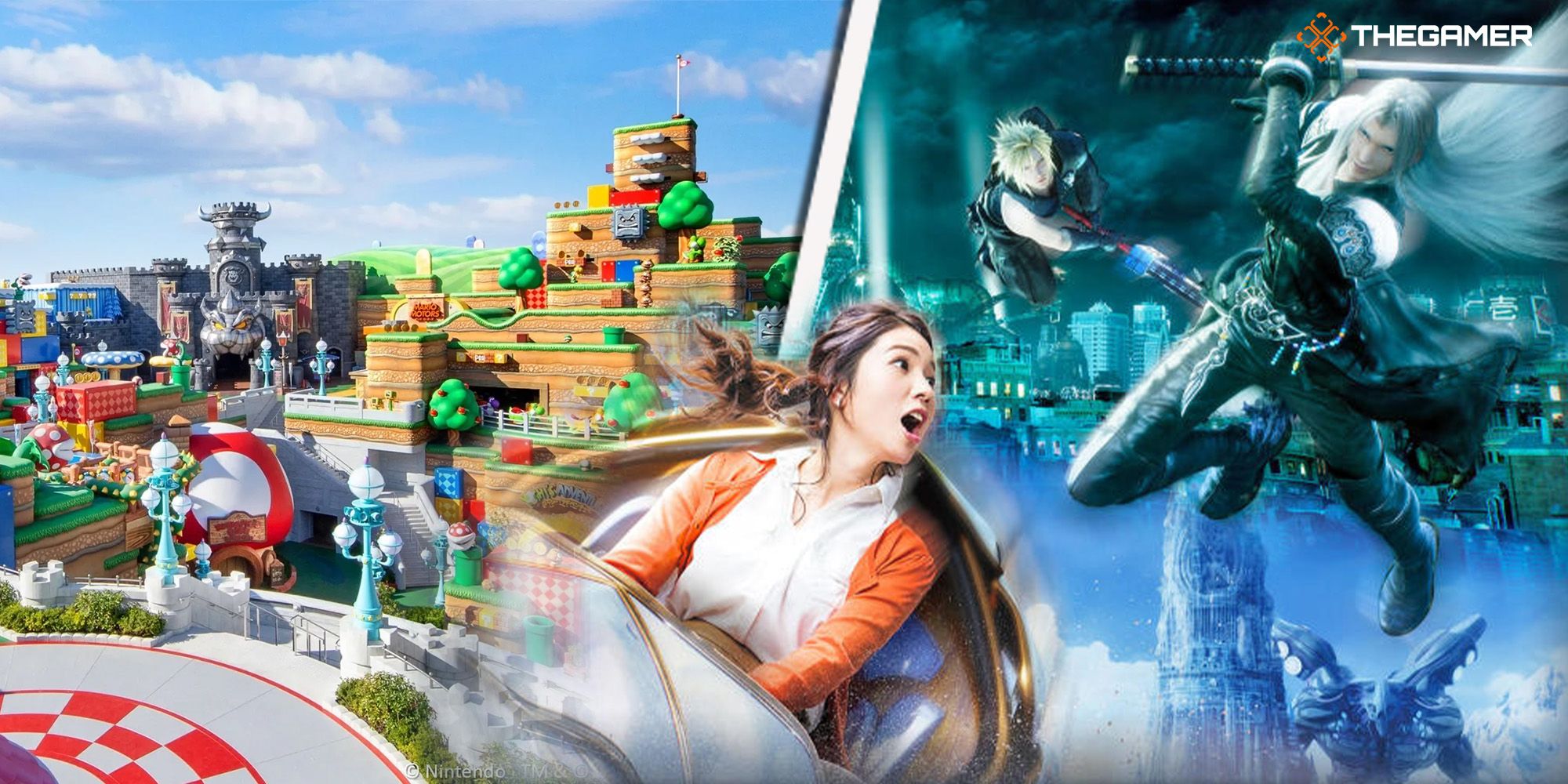 A woman rides a roller coaster overlooking Super Nintendo World while getting chased by Cloud and Sephiroth from Final Fantasy 7.