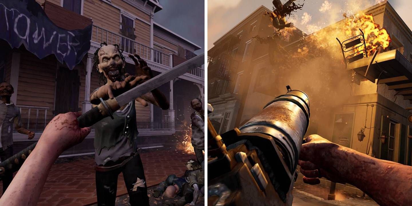The player takes on zombies with a sword and a rocket launcher in The Walking Dead: Saints & Sinners VR games