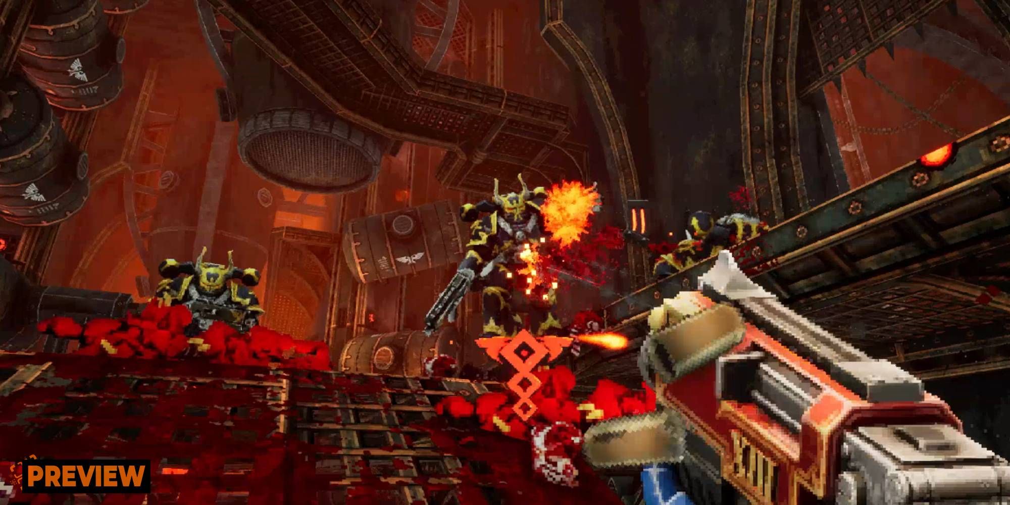 Warhammer 40K Boltgun Preview Image with a gun and enemies