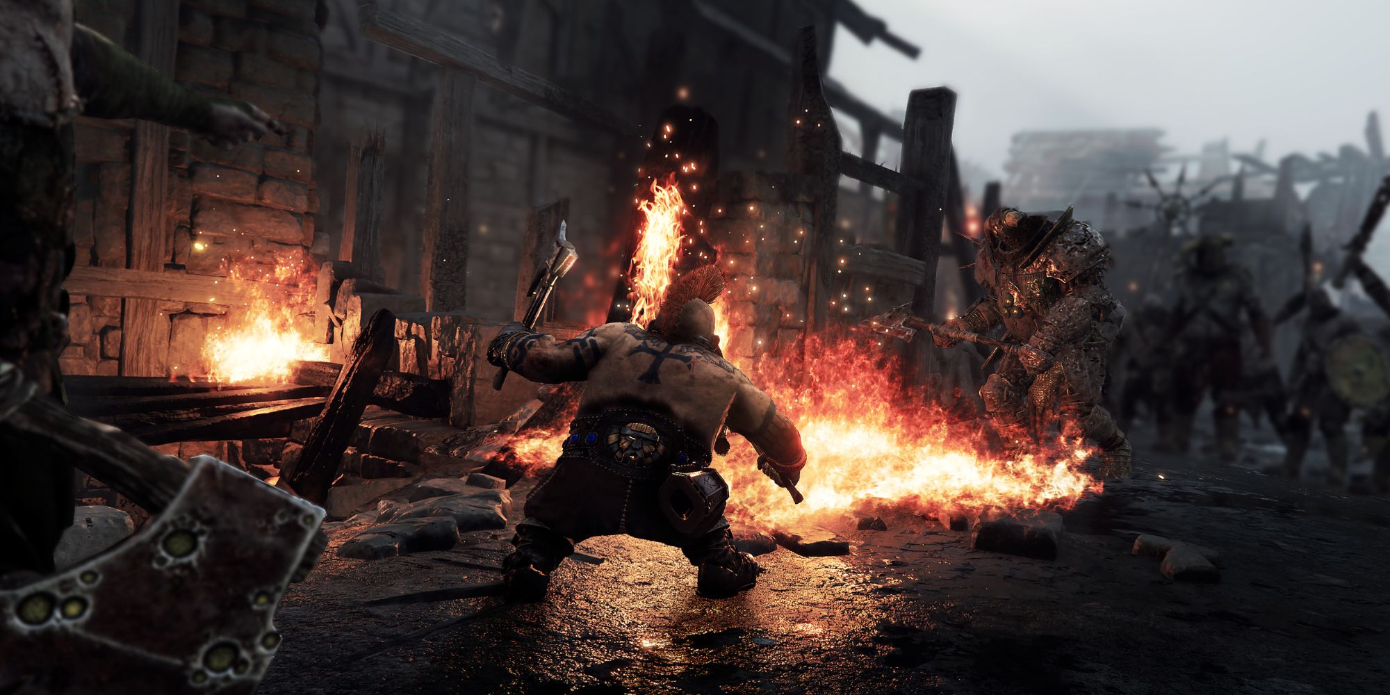 A Dwarf Fights Armored man between a fire