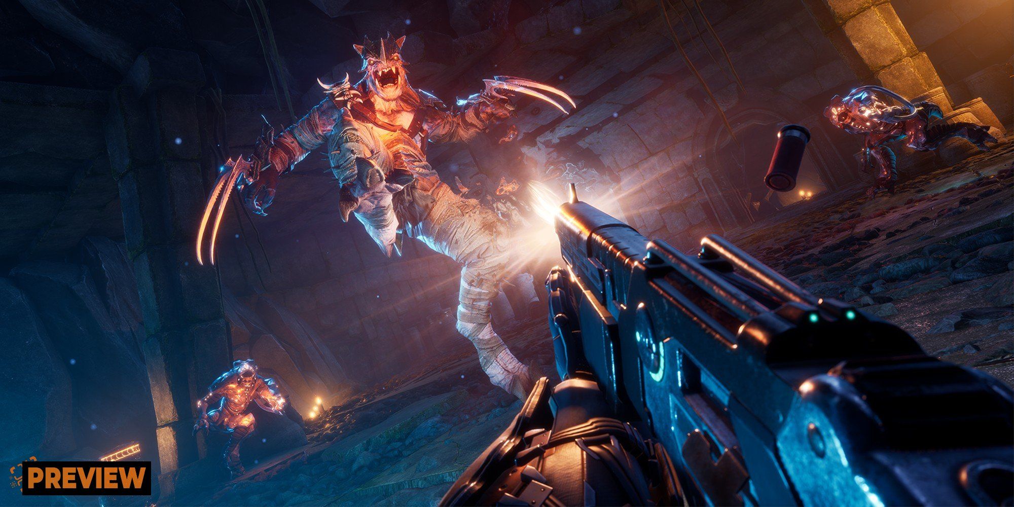 The player character aiming a gun at a leaping monster in Warstride Challenges