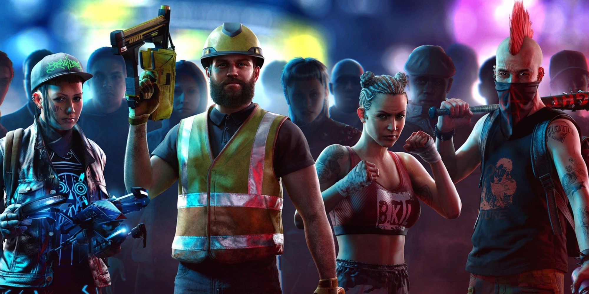 A hacker, a construction worker, an mma fighter, and a punk stood in a line in Watchdogs Legion