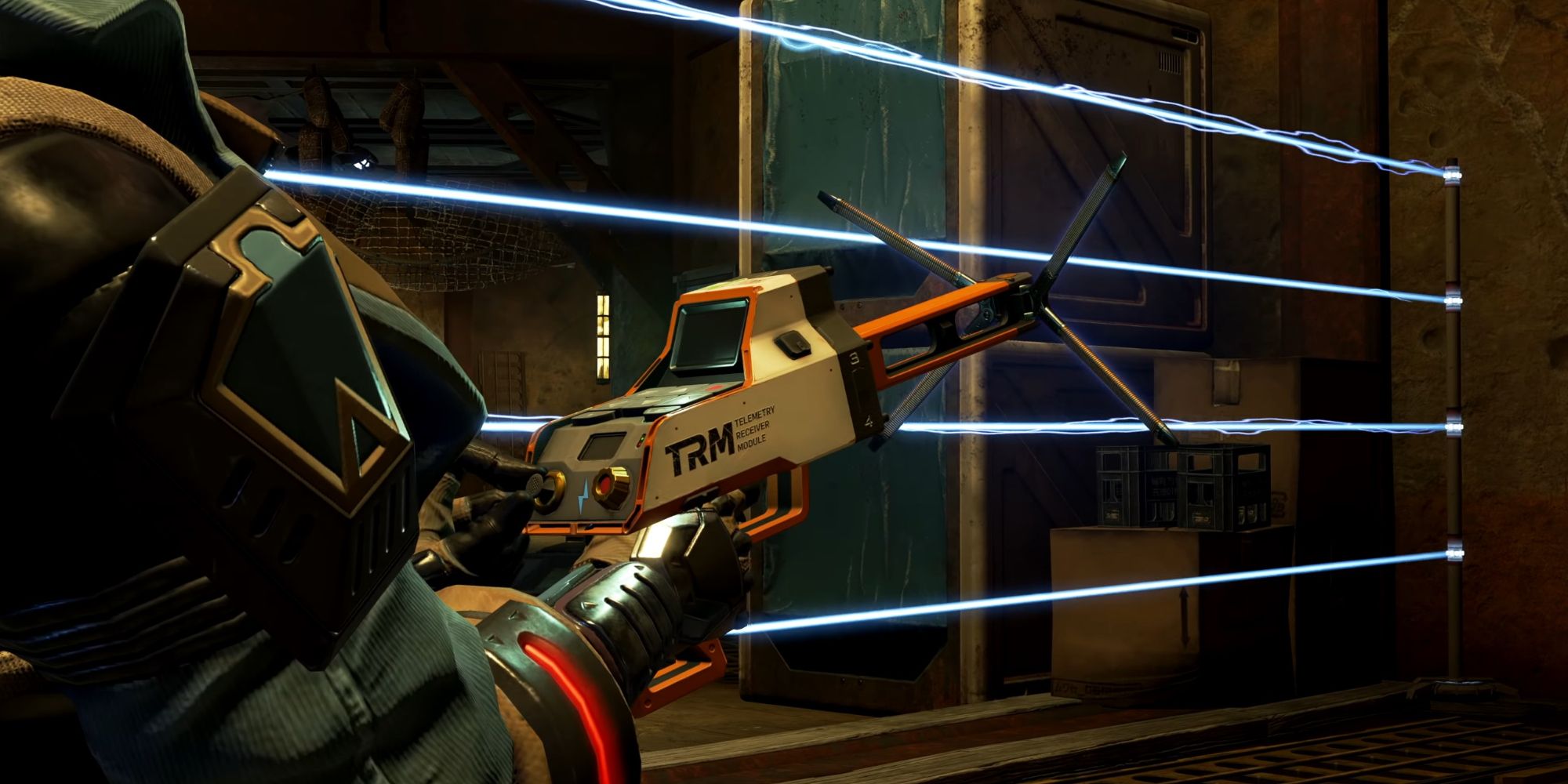 An image of Wattson's Heirloom from Apex Legends, an orange and white energy reader that shoots electricity out of the tip of the weapon. 