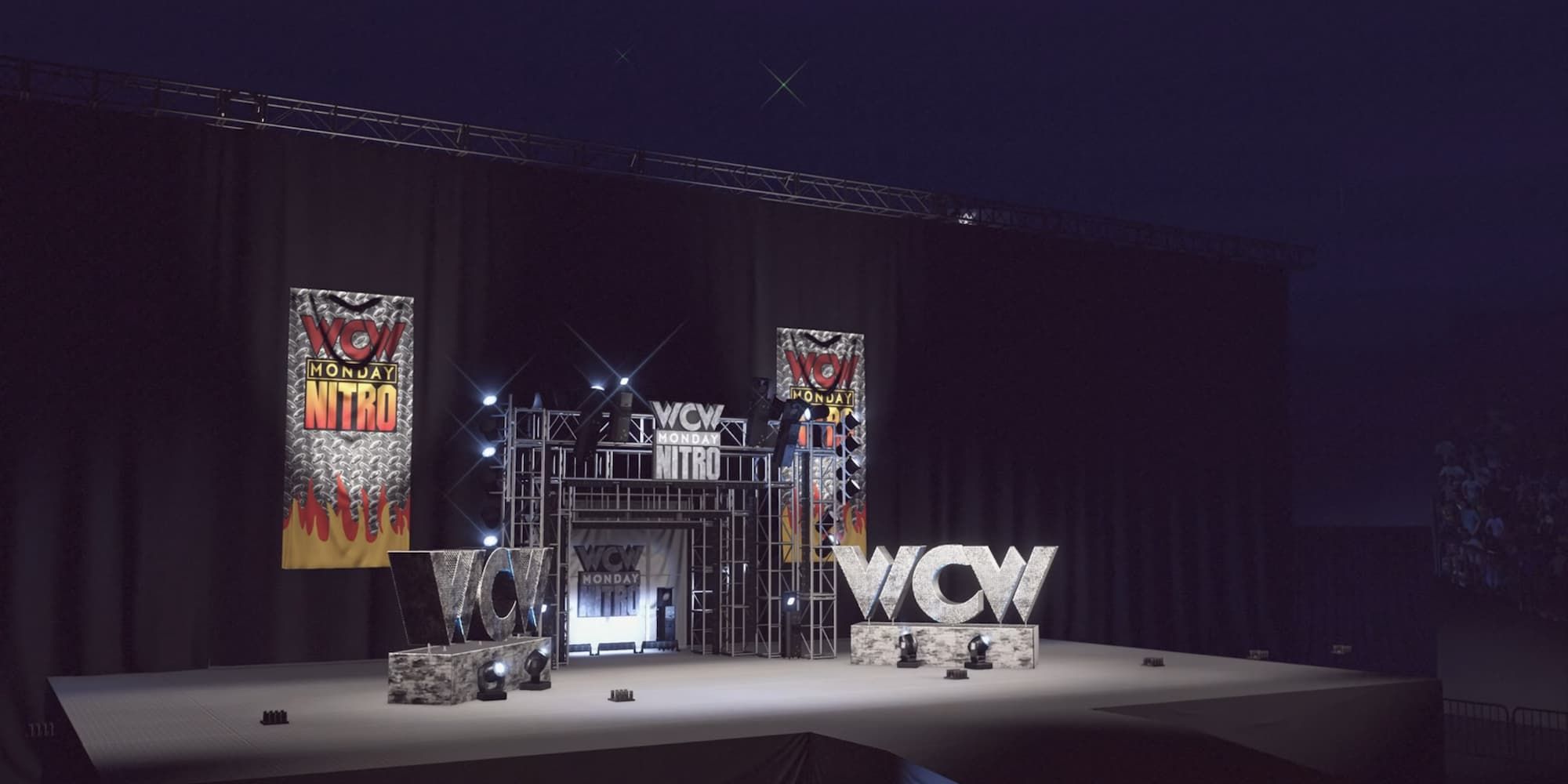 The WCW Monday Nitro arena in WWE 2K23 two massive metallic WCW logos on either side of the small entrance area.