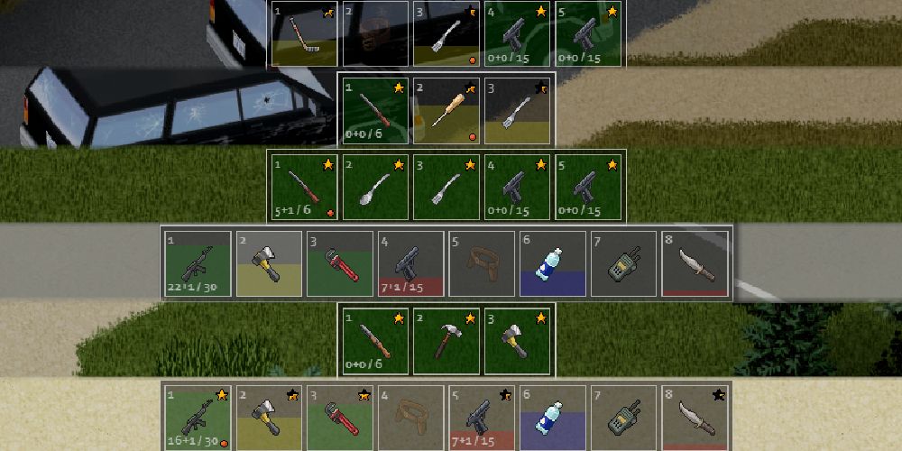 Multiple Hotbars With Weapons At Different Levels Of Quality To Show The Mods Function