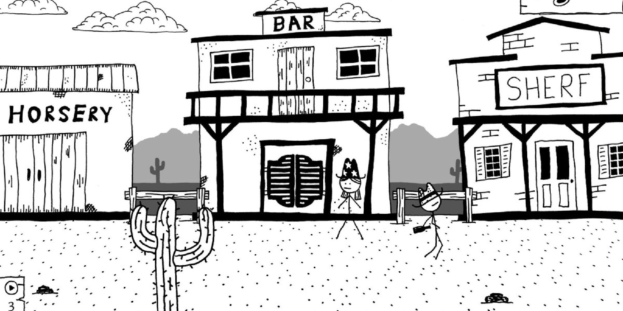 Stick figures in a hand-drawn old west town