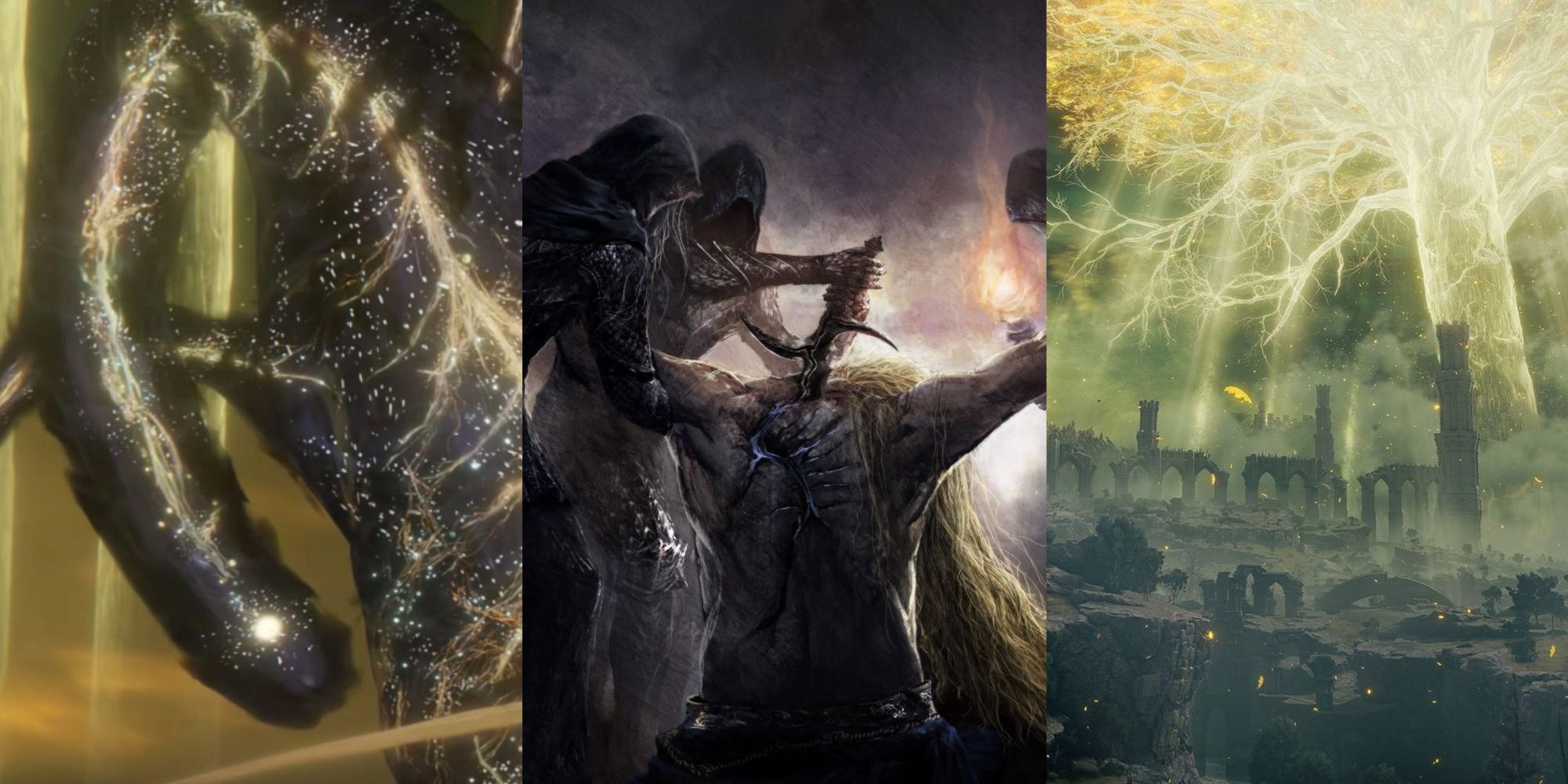 The Elden Beast, Godwyn being killed by the Black Knives, and the Erdtree over The Lands Between, left to right