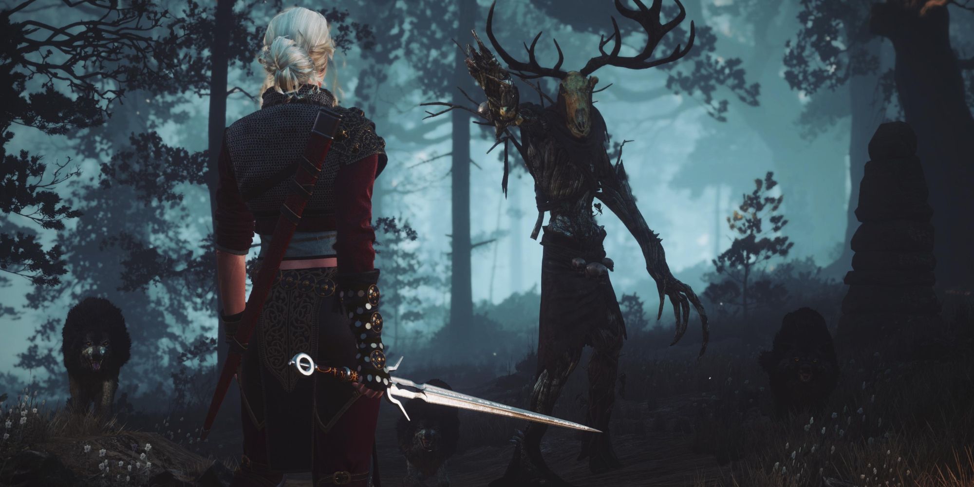 Ciri battling wolves and a Leshen in The Witcher 3 