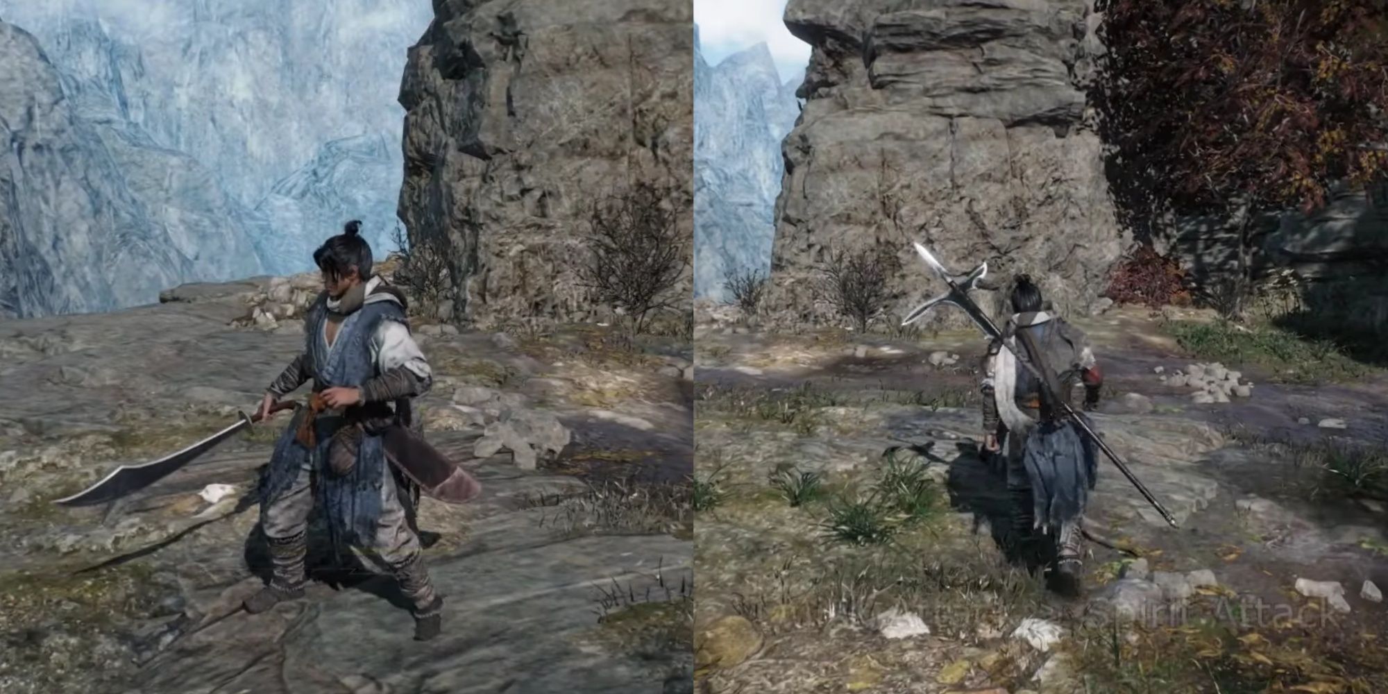 Wo Long Fallen Dynasty screenshots of the main character wielding a curved sabre (left) and halberd (right).