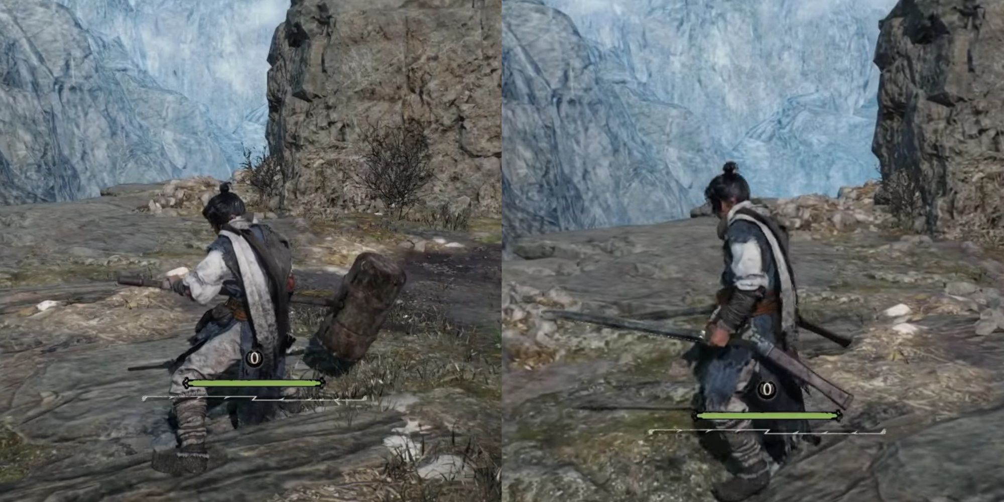 Wo Long Fallen Dynasty screenshots of the main character wielding a hammer (left) and dual swords (right).
