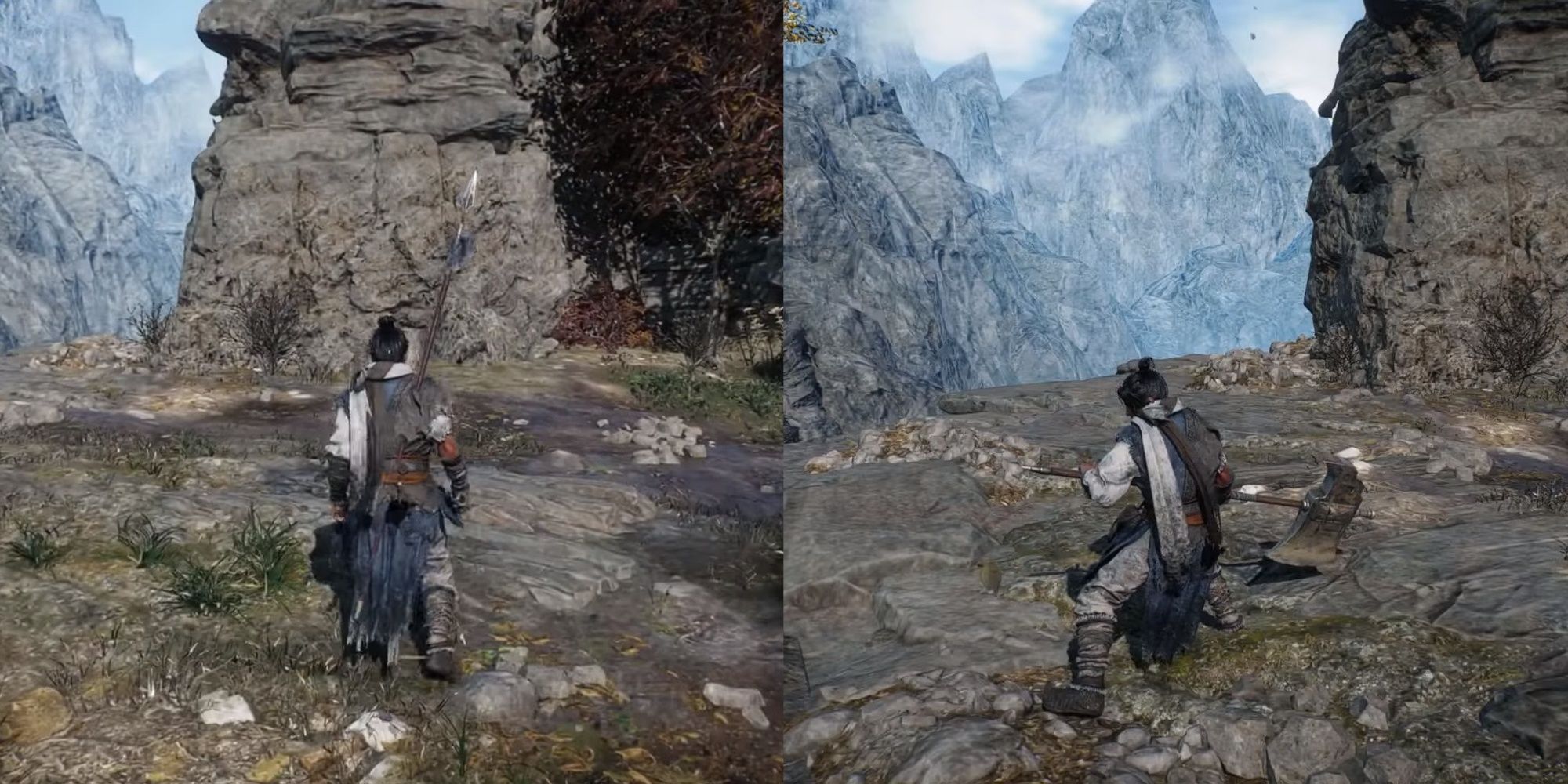 Wo Long Fallen Dynasty screenshots of the main character wielding a spear(left) and poleaxe (right).