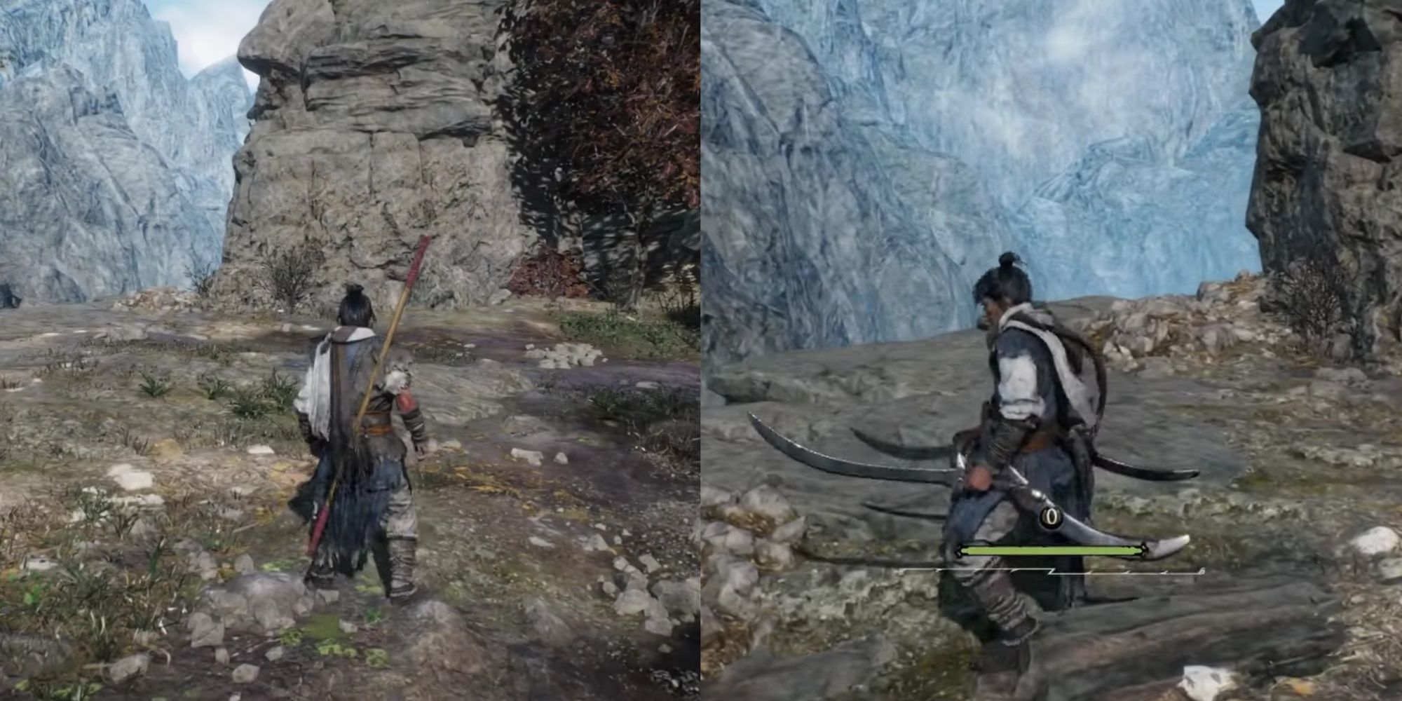 Wo Long Fallen Dynasty screenshots of the main character wielding a staff (left) and dual sabers (right).