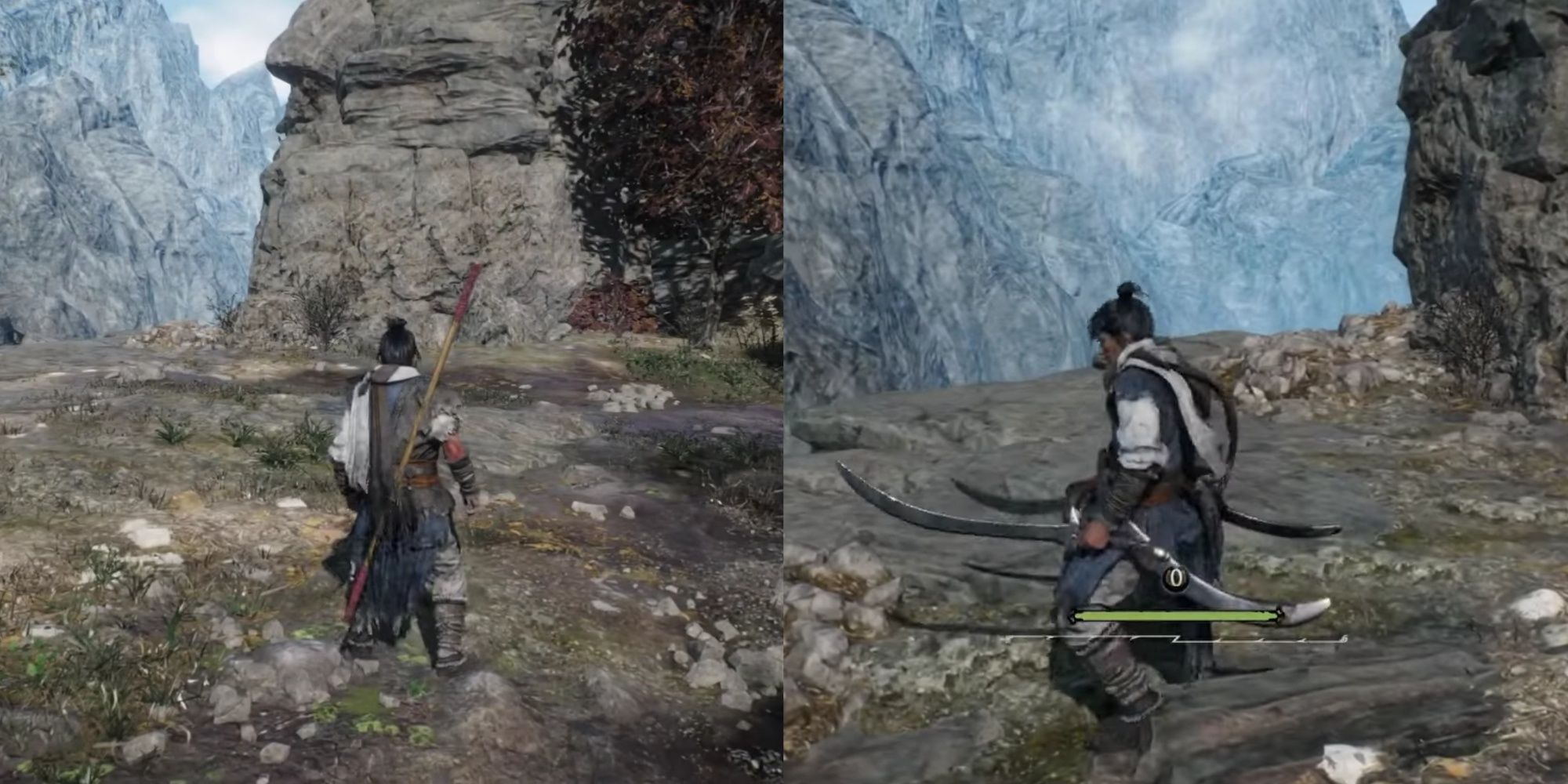 Wo Long Fallen Dynasty screenshots of the main character wielding a staff (left) and dual sabres (right).