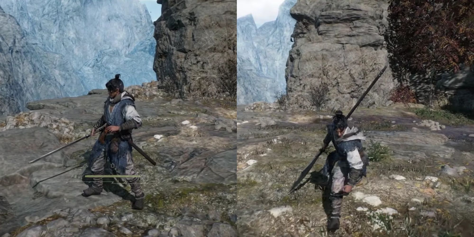 Wo Long Fallen Dynasty screenshots of the main character wielding a straight sabre (left) and glaive (right).