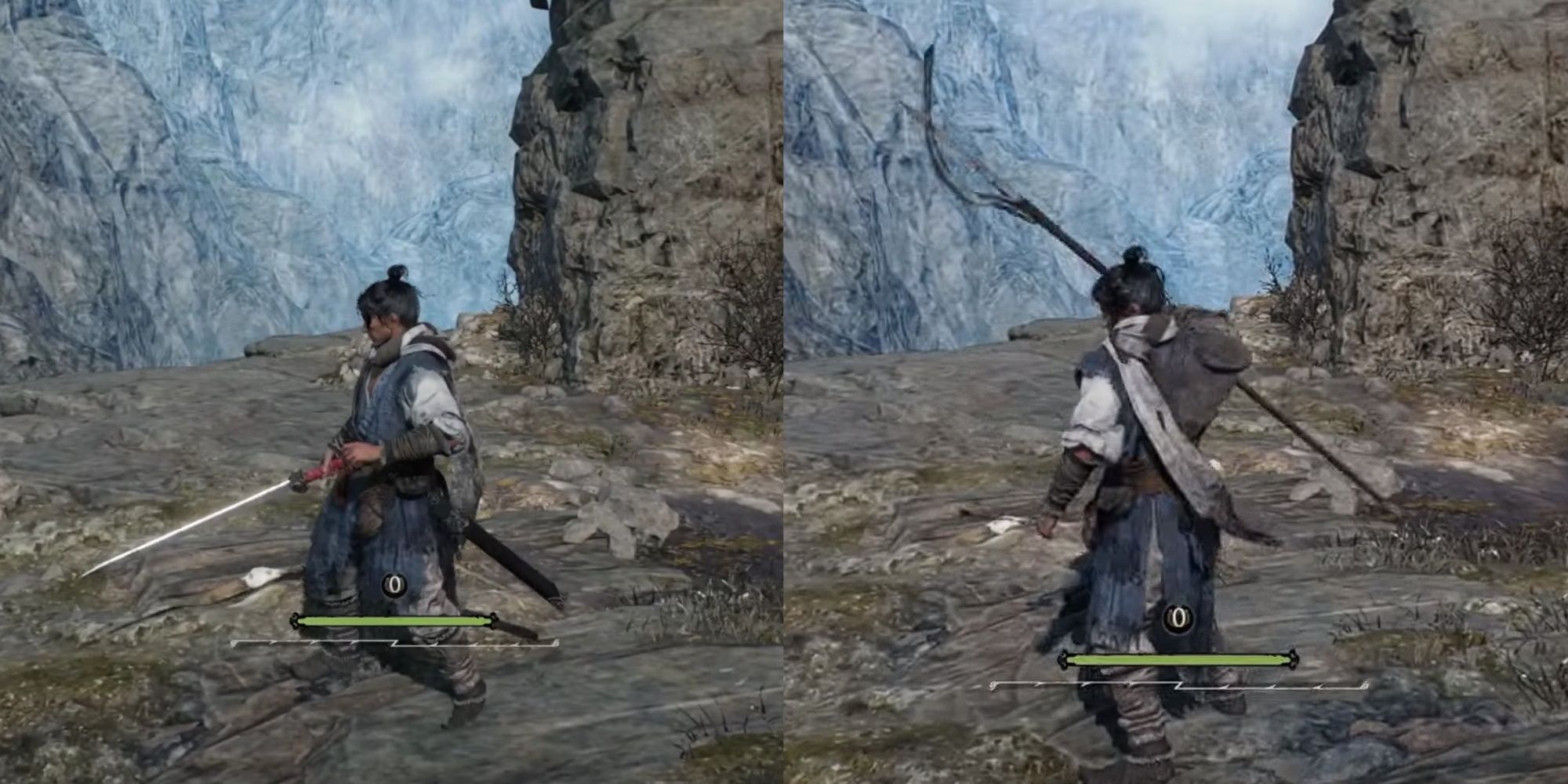 Wo Long Fallen Dynasty screenshots of the main character wielding a sword(left) and slashing spear (right).