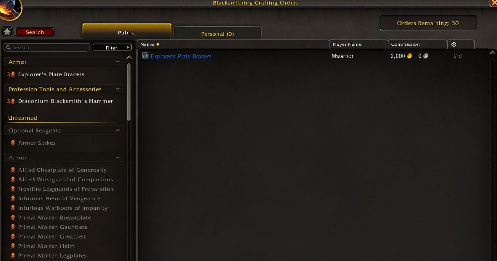 A Blacksmithing Crafting Order from the crafter's perspective in World of Warcraft.