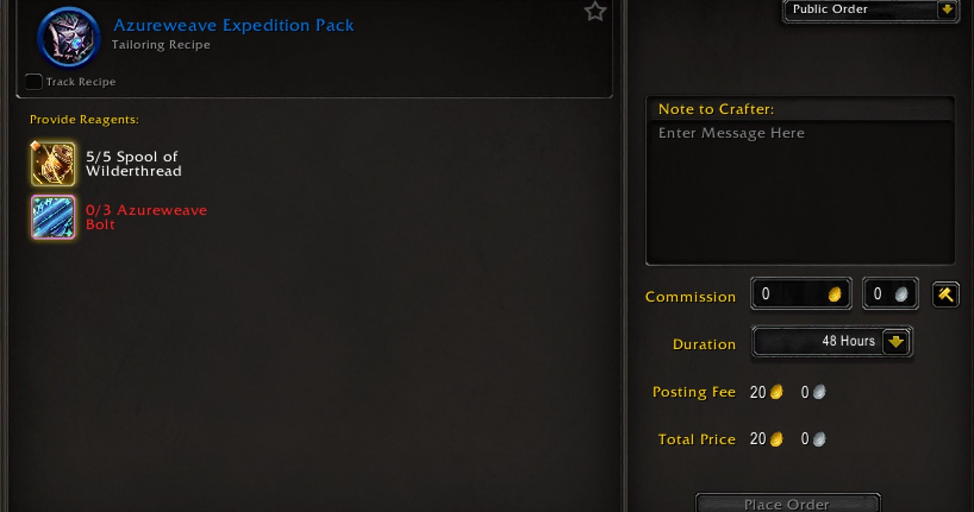 Requesting a Crafting Order for an Azureweave Expedition Pack in World of Warcraft.