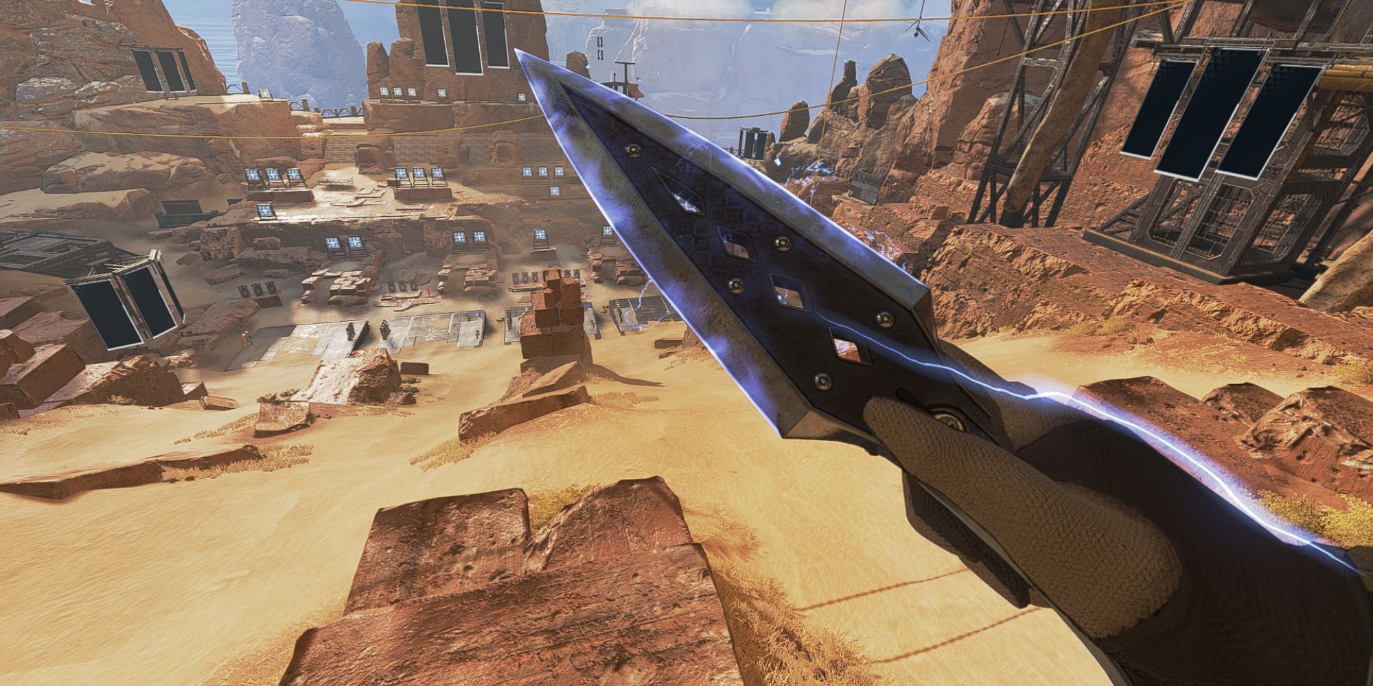 An image of Wraith's Heirloom from Apex Legends, a black and blue kunai knife. 