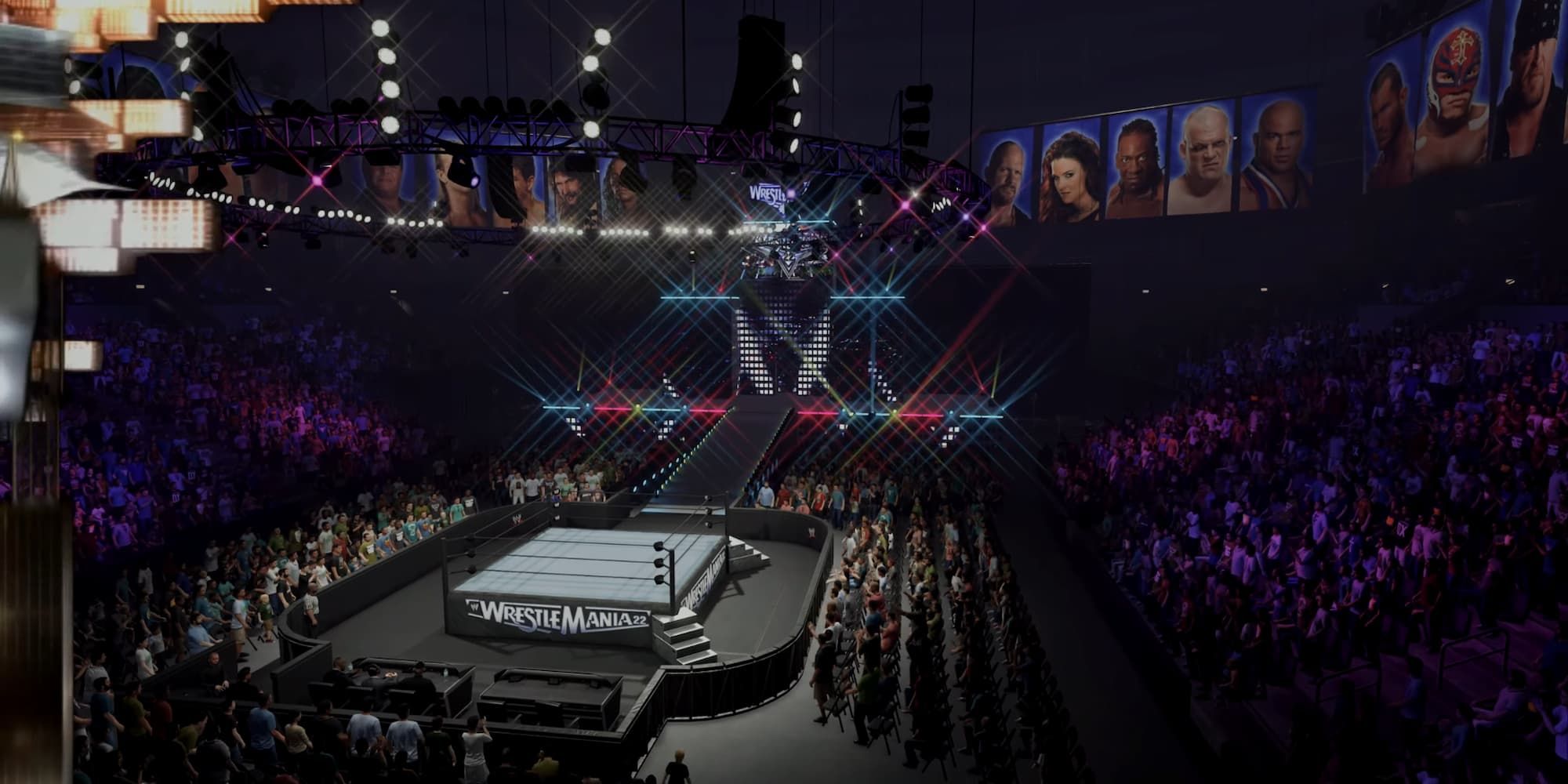 The WrestleMania 22 arena in WWE 2K23 showcases several superstars on banners hanging above the audiendce.