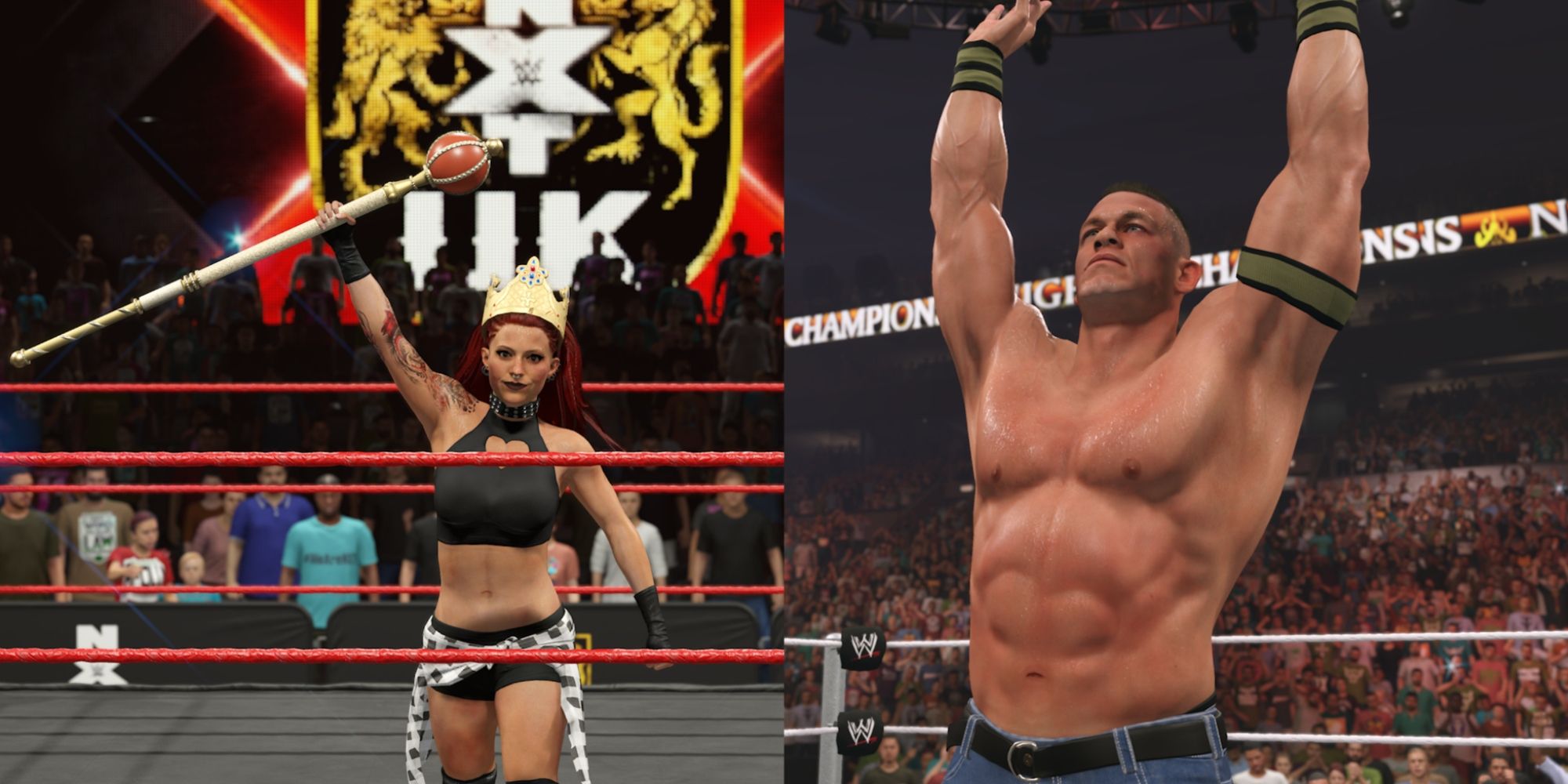 WWE 2K23 Achievement And Trophy Featured Split Image Of Created Wrestler And John Cena
