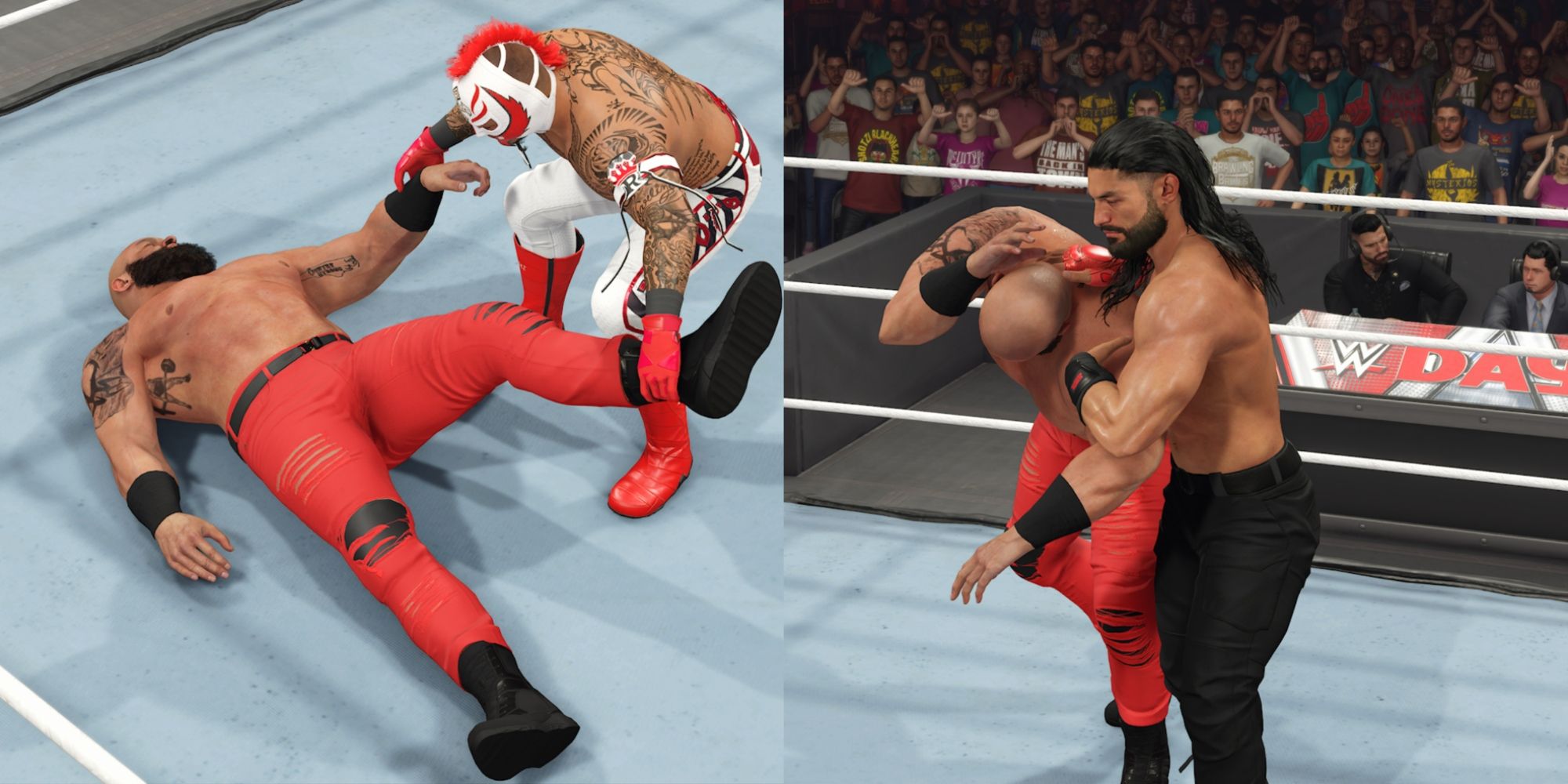 WWE 2K23 Dragging Opponents Split Image Of Rey Dragging Strowman and Roman Dragging Strowman