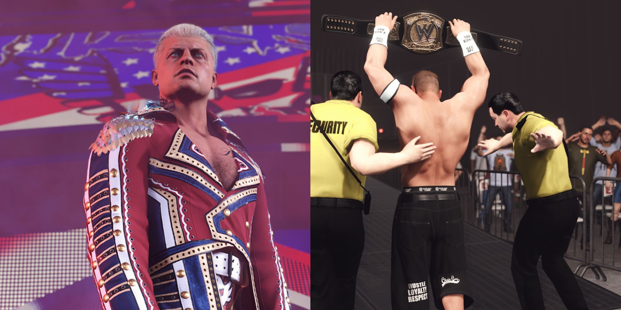 WWE 2K23 Easter Eggs Featured Split Image Cody Rhodes And John Cena