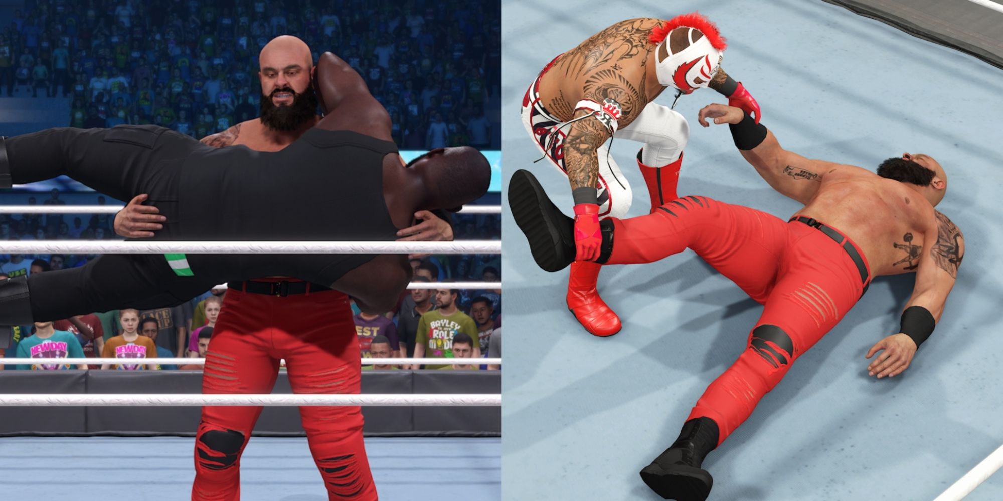 WWE 2K23 How To Control Your Opponent Featured Split Image Strowman Carrying Omos and Rey Mysterio Draging Strowman