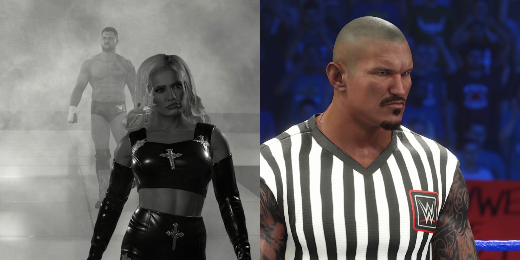 WWE 2K23 Improvements Featured Split Image Scarlett and Randy Orton