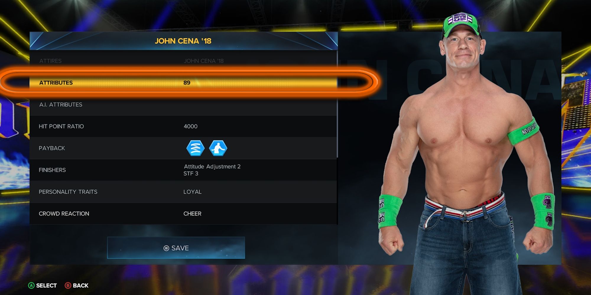 WWE 2K23 Screenshot Of John Cena '18 Superstar Page With Attributes Highlighted