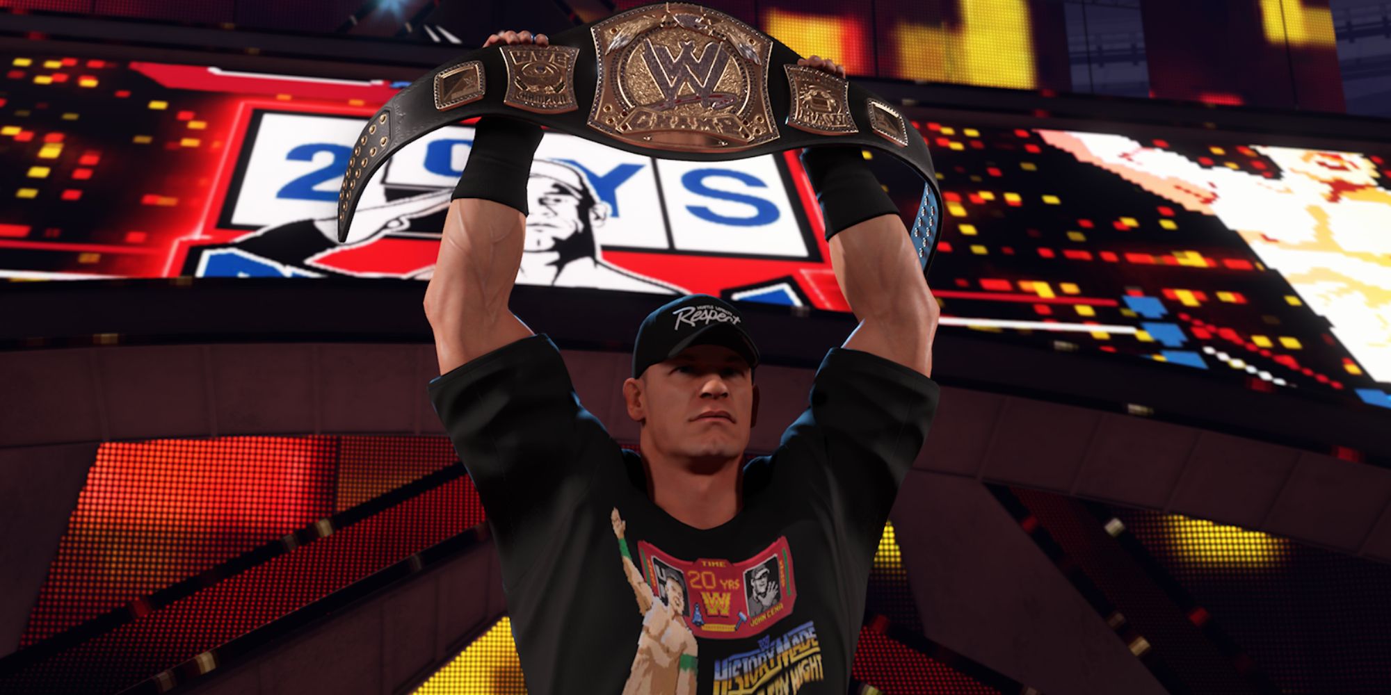 WWE 2K23 Screenshot Of John Cena Holding Up Spinner Belt While Making Entrance